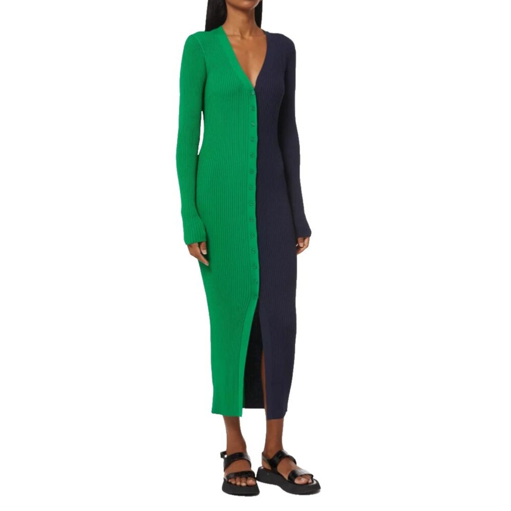 STAUD Green and Navy Midi Kint Dress